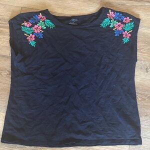 Talbots Navy Top with Floral Embroidery